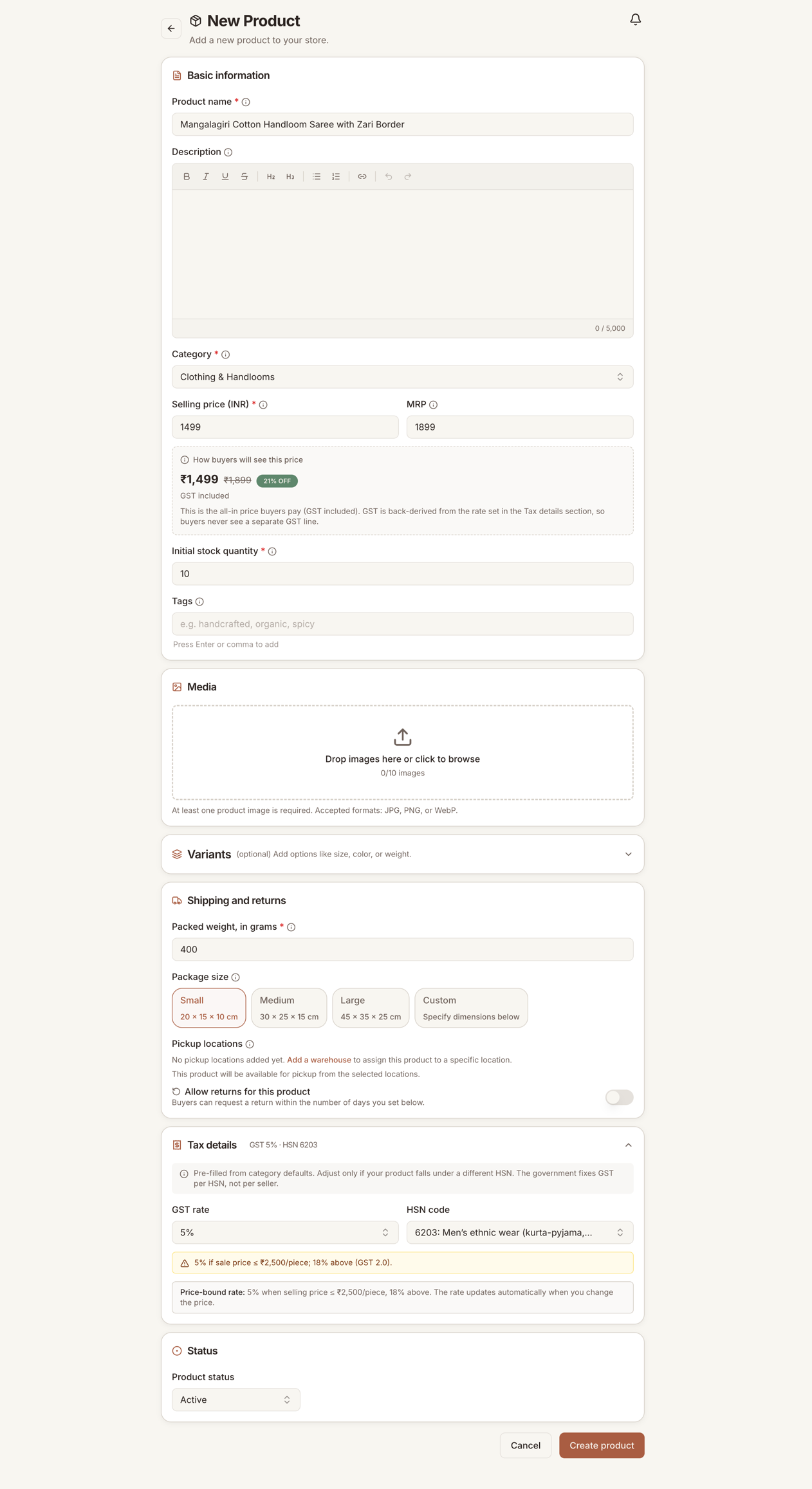 The add-product form filled in for a handloom saree, showing product name, category, selling price and MRP with a buyer price preview, stock, media upload, shipping weight, and tax details.