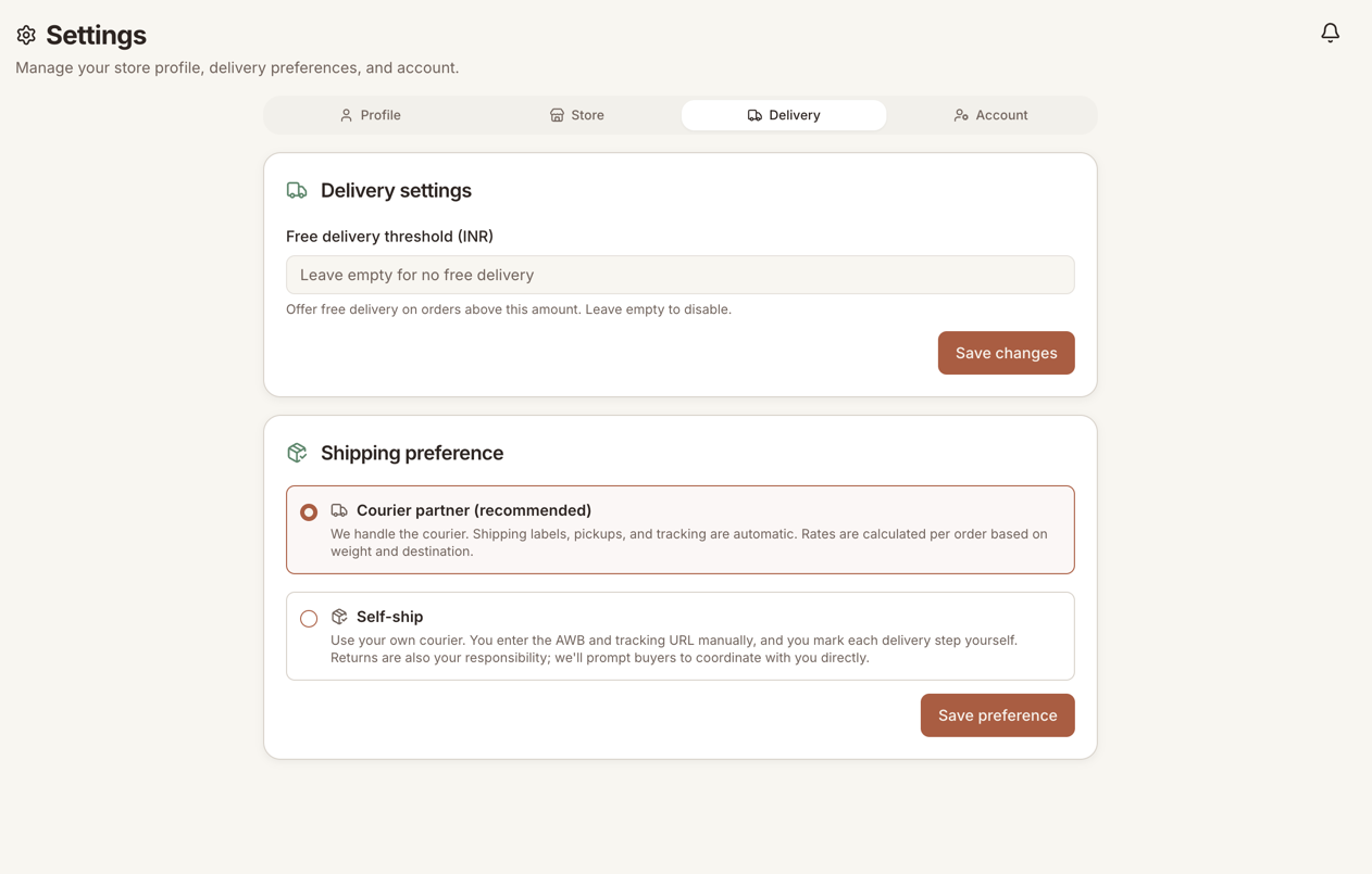 The delivery settings screen with a free-delivery threshold field and a shipping preference choice between Courier partner and Self-ship.