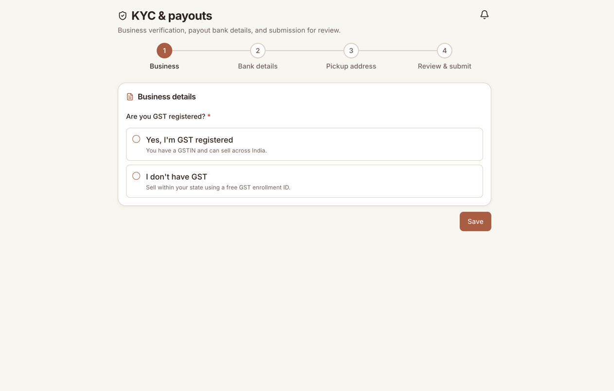 The KYC page showing a four-step progress bar: Business, Bank details, Pickup address, and Review &amp; submit.