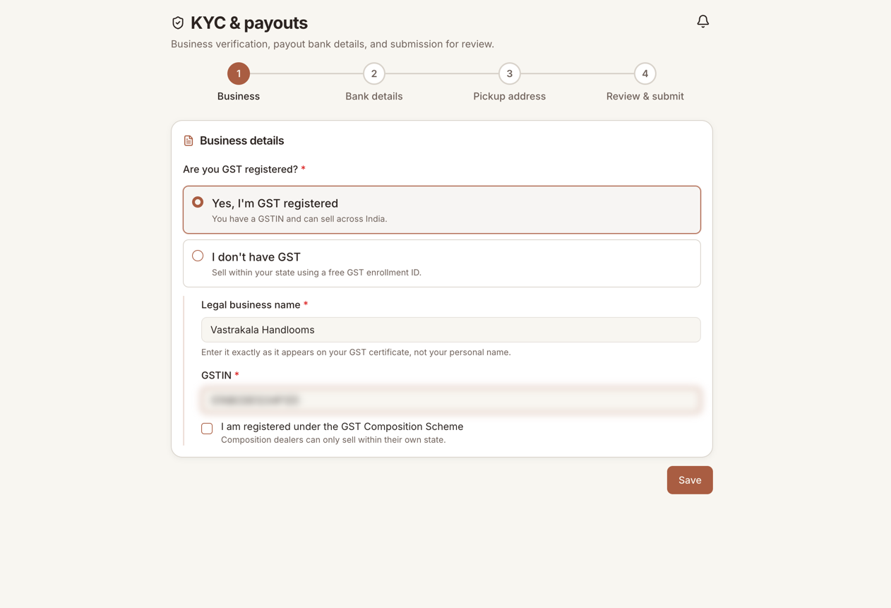 The business details step with the GST-registered option chosen, showing the legal business name and GSTIN fields.
